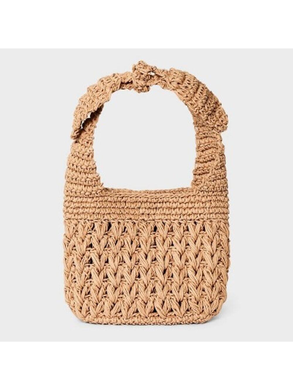 A New Day NWT Women's Straw Woven Tie-Top Shoulder Bag Light Brown Adj Strap